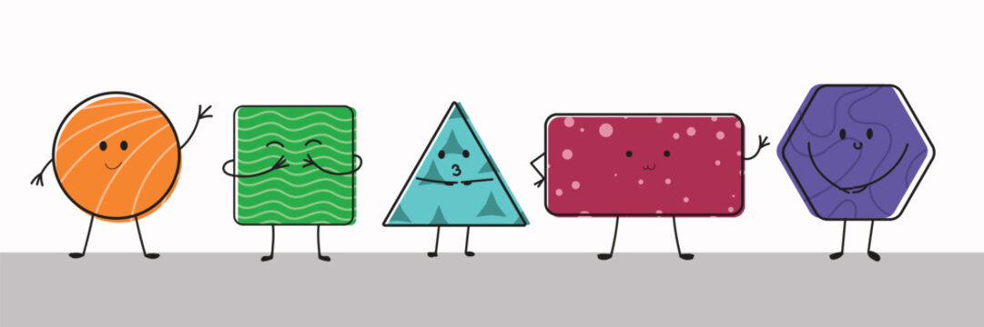 Set of cute cartoon geometric shapes with friendly faces