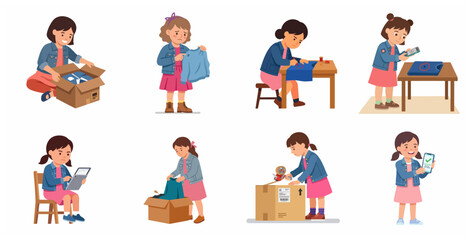 Fototapeta premium Set of illustrations of a little girl selling second-hand clothes online, including inspecting, taking photos, packing, and shipping.