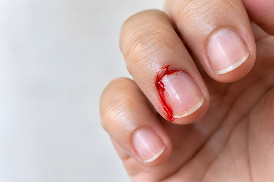 Close-up of bleeding cut on human finger cuticle and nail bed