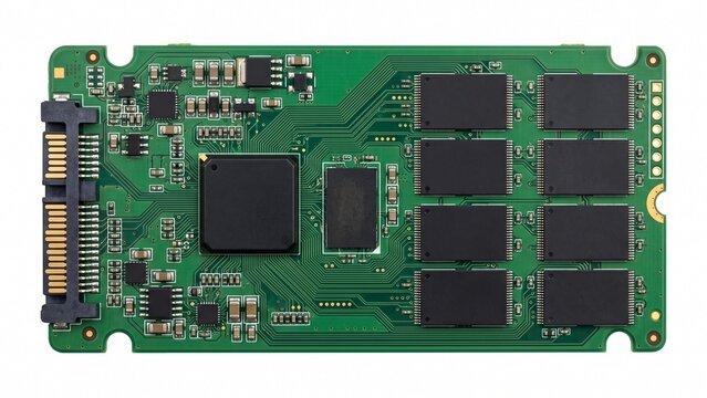 Detailed green solid state drive circuit board showing internal memory chips and connectors on white background