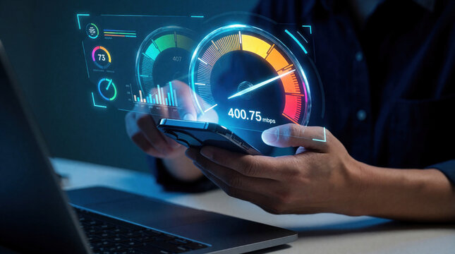 Close up of person using smartphone to check internet speed. Futuristic holographic gauge shows 400 Mbps data transfer rate. Digital interface displays connection performance, bandwidth, network