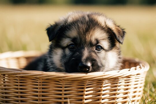 Cute German Shepherd puppy peeks over wicker basket edge in sunny garden. Fluffy young wolfdog looks at camera with curious expression. Small mixed breed dog sits in basket outdoors in natural light.