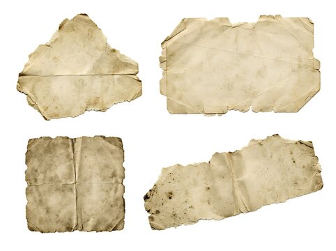 Vintage paper fragments with torn edges on a white background