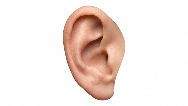 Detailed realistic human ear captured in high resolution studio lighting isolated clearly on white background