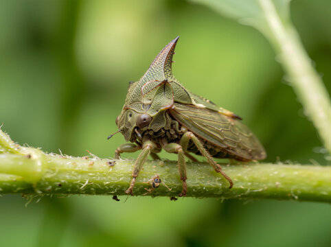 Green treehopper insect on a plant stem
