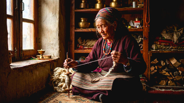 Elderly Himalayan woman spinning wool with a traditional drop spindle inside a rustic home