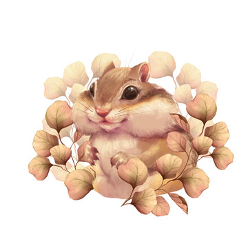 Hand-drawn illustration of a cute chubby chipmunk with autumn leaves