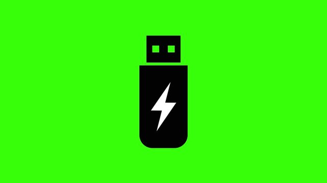 USB Flash Drive with Lightning Bolt Data Surge Loop Animation on Green Screen Background Representing High Speed Storage and Technical Processing