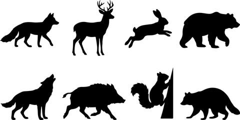 Obraz premium Set of wild forest animal silhouettes vector illustration