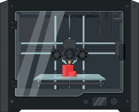  Front view of enclosed black three dimensional printer machine manufacturing red plastic industrial component vector illustration isolated on white background