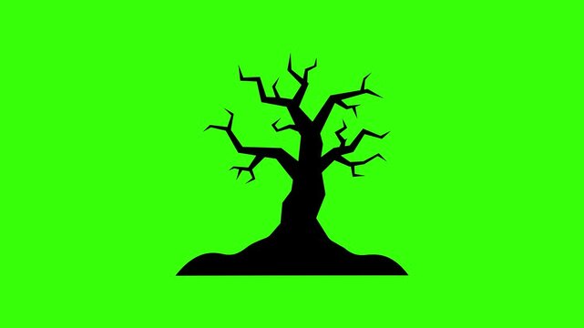 Spooky Dead Tree Bending in Wind Storm Loop Animation on Green Screen Background Representing Haunted Halloween Forest and Horror Elements