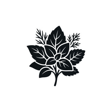 Stylized black and white illustration of a fresh herb sprig.
