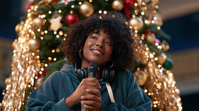 Panel moderator balances a microphone precariously with headphones around the neck in a Christmas decorated tree greeting card design, early morning mist auditorium, before and