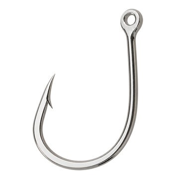 Single sharp barbed stainless steel fishing hook tackle for saltwater tuna fish isolated on transparent background