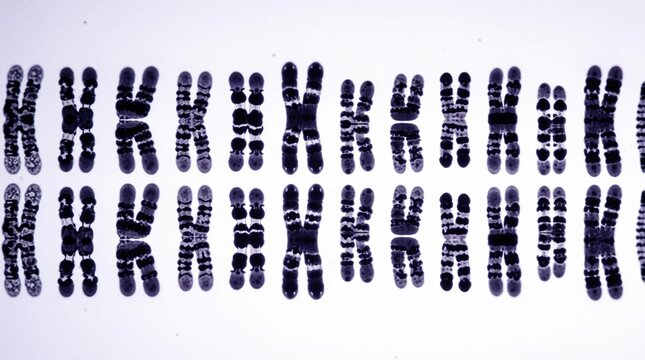 Human chromosomes arranged for karyotype analysis. Microscope view shows stained genetic material, ordered pairs ready for scientific study and medical diagnosis of inherited conditions.