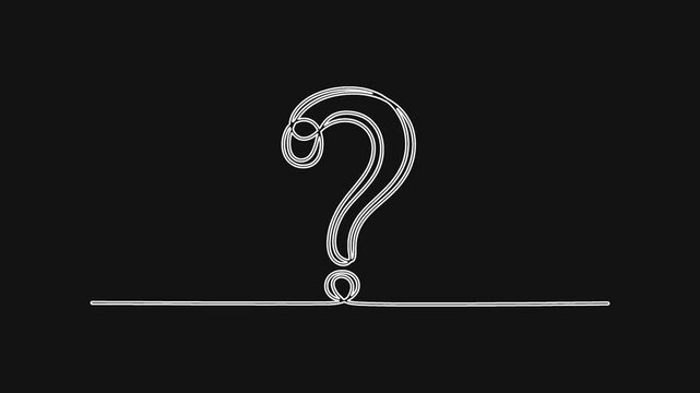 Minimalist continuous line drawing of a question mark on a black background