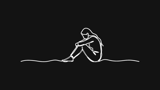 Minimalist continuous line drawing of a sad person sitting alone
