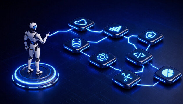 A futuristic robot standing on a glowing platform connecting digital icons representing cloud computing and artificial intelligence technology