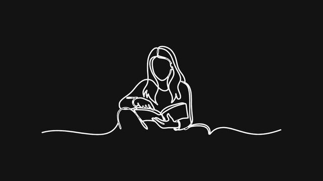 Continuous line drawing of a person reading a book