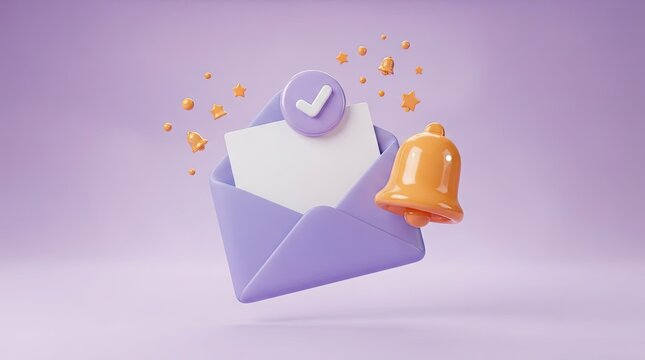 3D email notification icon with checkmark bell and magical stars.