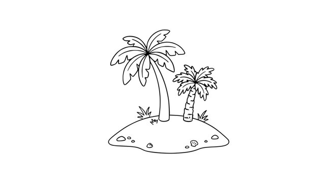 Tropical island outline vector illustration featuring two palm trees on a small beach land patch isolated on white background
