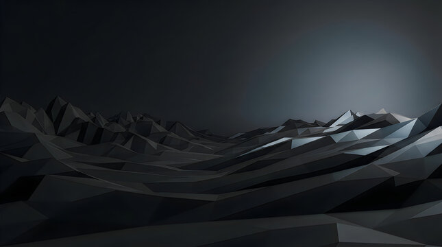Low poly dark gray landscape with geometric mountain peaks and soft ambient light glow