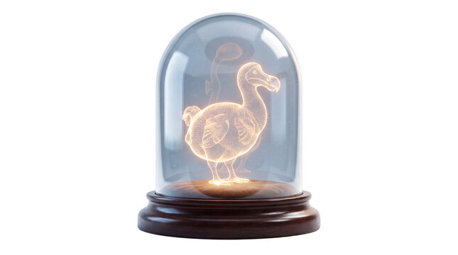 Glowing dodo bird hologram in glass bell jar, extinct animal digital display, futuristic museum exhibit of a dodo bird isolated PNG with Transparent Background