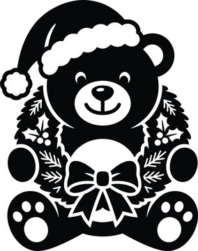 Christmas Teddy Bear with Wreath Silhouette &ndash; Cute Holiday Festive Toy Icon