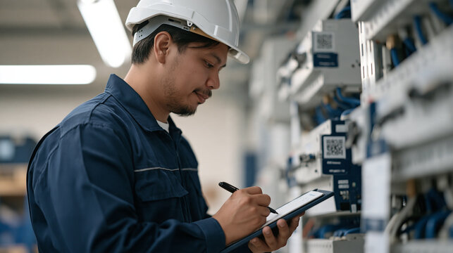 Filipino electrical inspector marking a checklist on a tablet while scanning QR code labels on circuit breakers during a compliance audit inside a commercial electrical room,