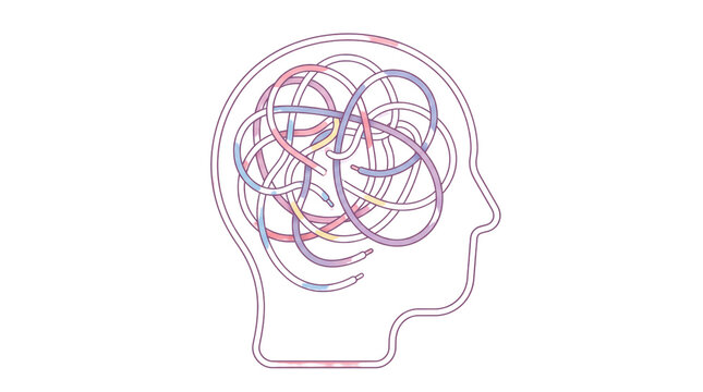 Conceptual human head silhouette with tangled brain wires, mental health and psychology illustration, complex thoughts and anxiety concept isolated PNG with Transparent Background