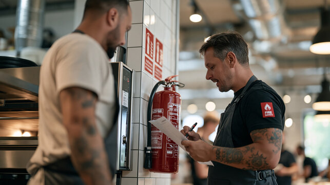 A baker stepping back from a commercial oven to allow a fire safety officer to access a wall-mounted extinguisher in a busy artisan bakery, the technician recording nozzle