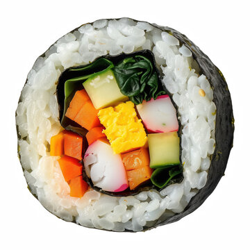 Single Korean Kimbap Roll Cross Section isolated on transparent background Generative Ai.