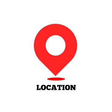 Red location pin icon vector illustration with shadow and location text isolated on white background.