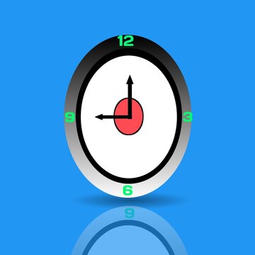 Minimalist clock icon illustration showing nine o clock with green numbers and red center on blue background.