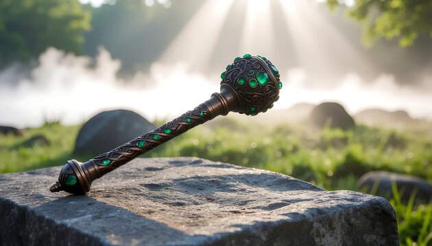 Ancient mystical scepter with green gems on a stone block in a surreal misty forest landscape