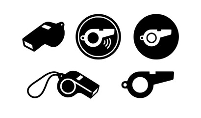Solid Whistle Silhouette Icon Vector Set Black Referee Coach Fitness App Button Graphic Pack B&W © Mdmahabur