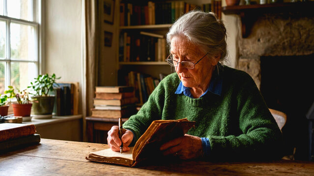 Senior woman reading book at wooden desk in cozy home library with warm natural lighting