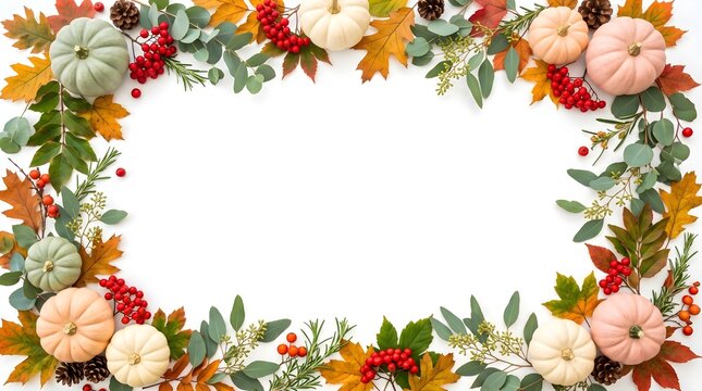 Autumn floral frame with pumpkins and colorful fall leaves