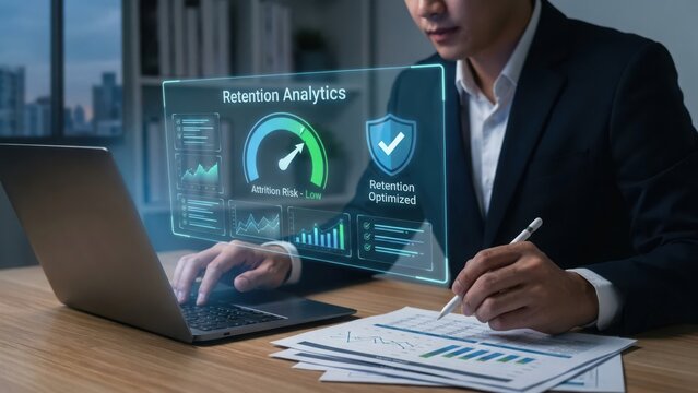 Corporate analyzing customer retention metrics on a laptop with a futuristic holographic dashboard showing attrition risk and data charts