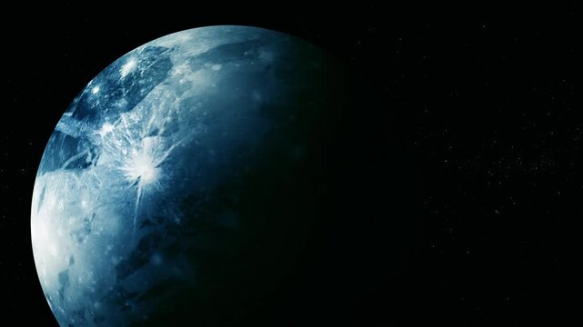 Half lit blue planet or moon in deep space with a dark starry background, showing icy textures and a bright glow on the surface.
