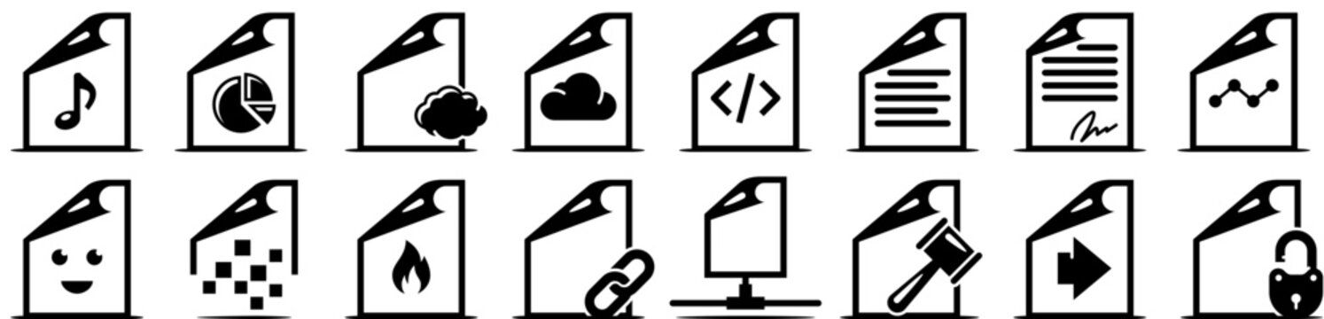 File Types &mdash; file, document, page, paper, data, cloud, storage, report, business, format, send, sheet, code, statistics. Vector icon pack.