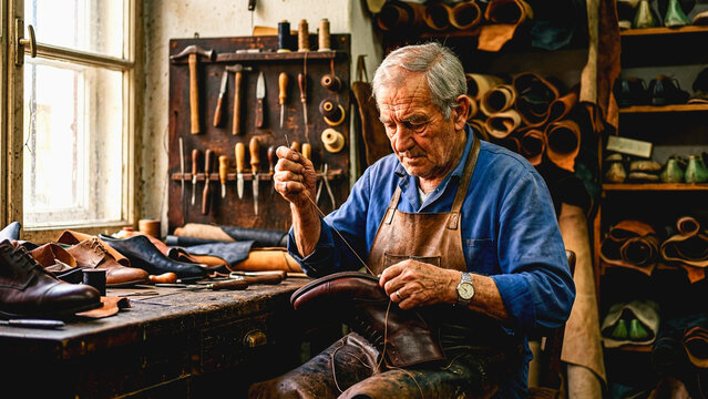 Elderly shoemaker stitching leather footwear in a traditional workshop with hand tools on the wall