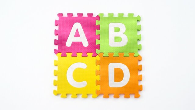 Colorful foam alphabet puzzle floor mats featuring letters A B C and D on white background
