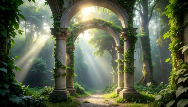 Surreal Ancient Stone Sanctuary Arches Overgrown with Lush Vines in Mystic Forest with Sunbeams