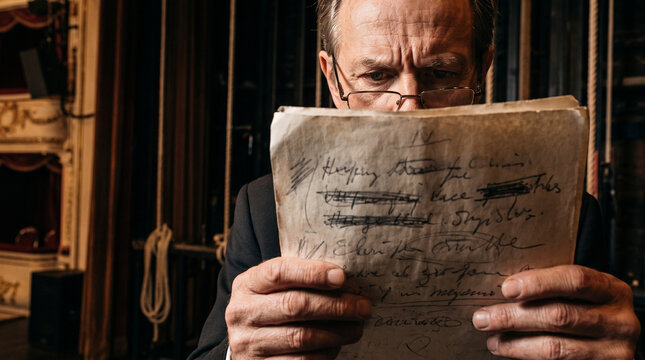 Actor rehearsing lines on stage while reading a script  