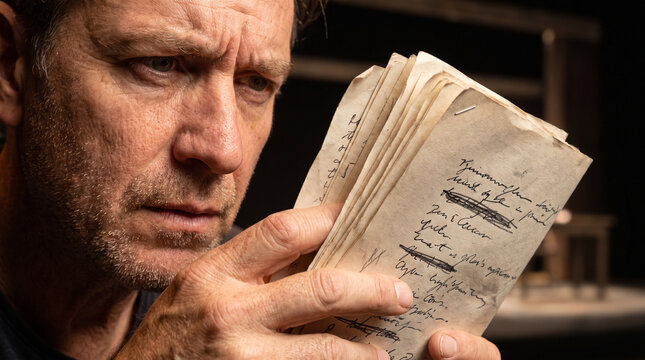 Male actor rehearsing lines from a script in a theater setting  