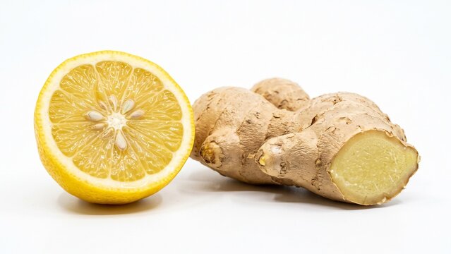 Fresh lemon half next to raw ginger root showing bright citrus texture on white background