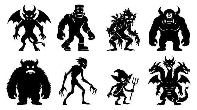 Black silhouette vector set of spooky fantasy monster characters for Halloween. vector illustration
