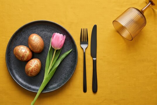 Easter table place setting with pink tulips and decorated eggs on yellow background.