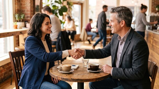 Smiling woman and recruiter shaking hands during coffee shop job interview